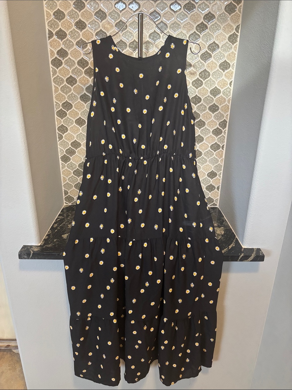 Black Maxi Dress with Yellow Daisy Print - Sleeveless Tiered